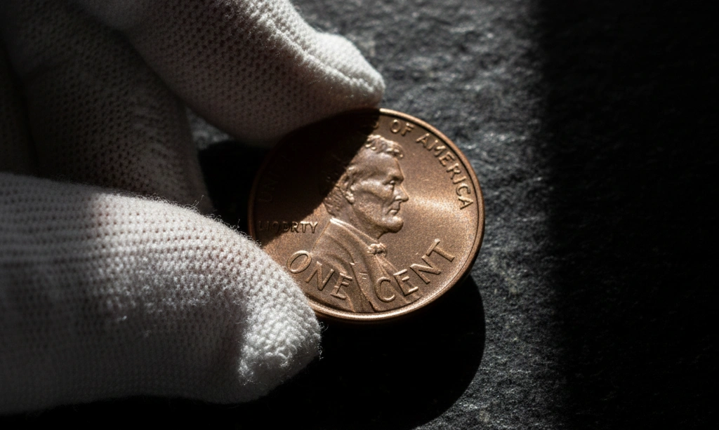 collector holding 1989 D penny with gloves