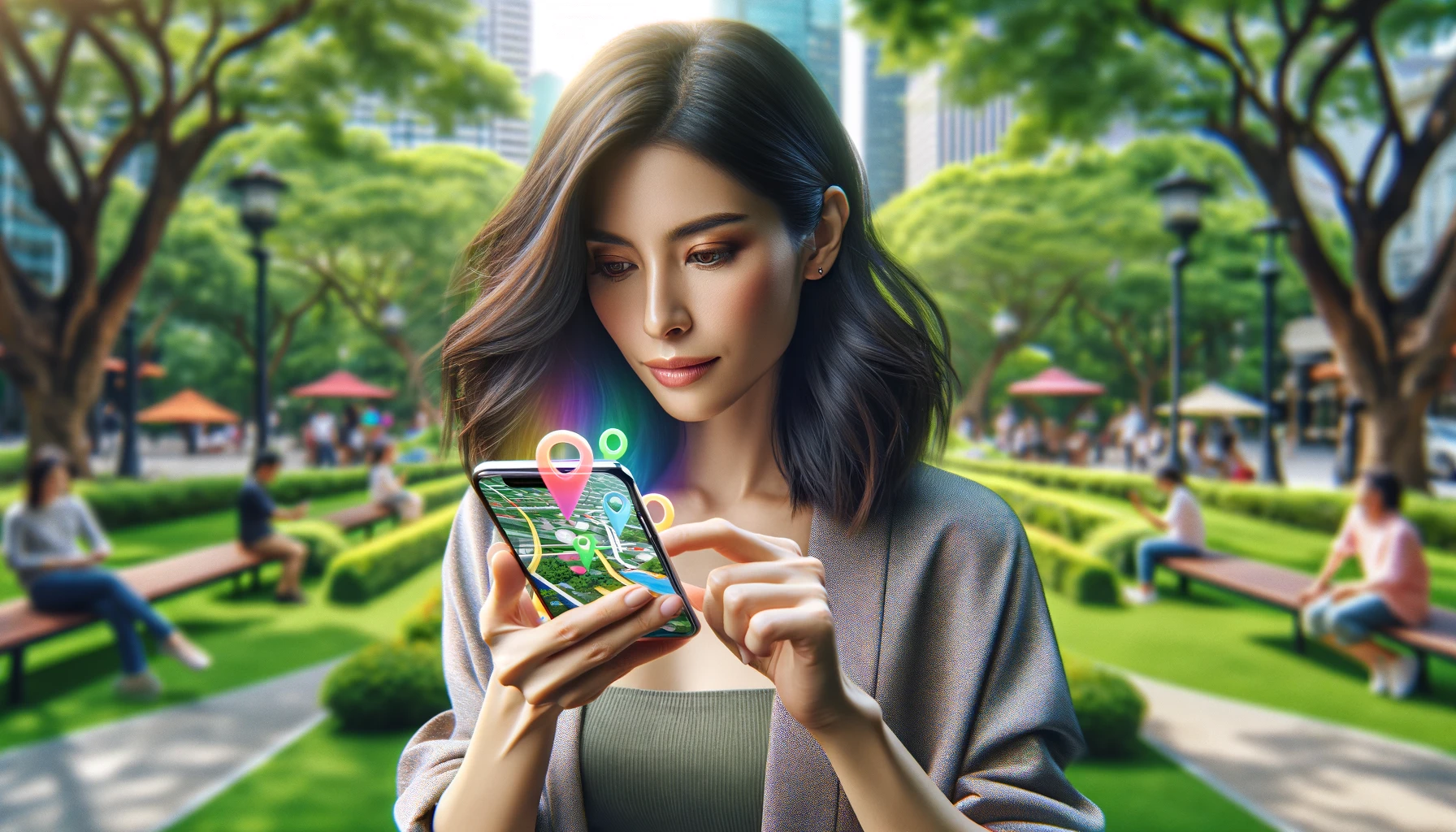 an attractive woman using a location tracking app on her smartphone in an urban park setting