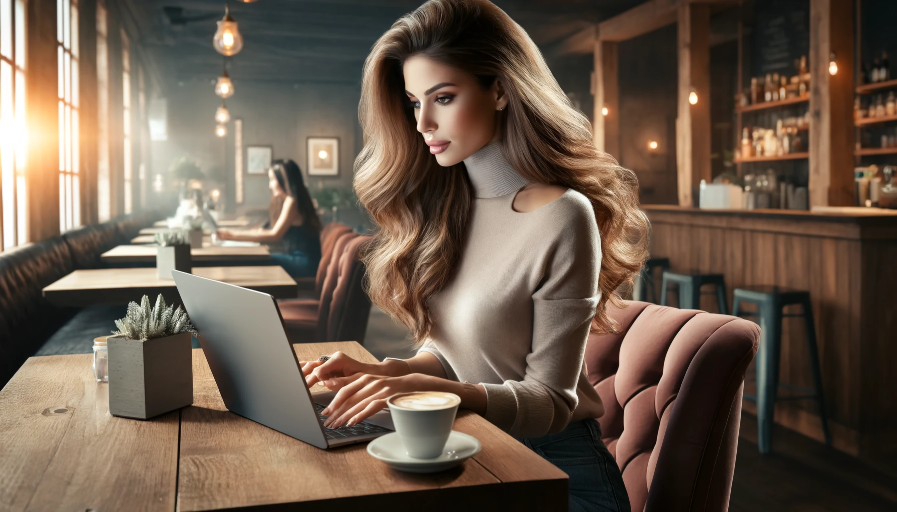 an attractive woman using her laptop in a cafe