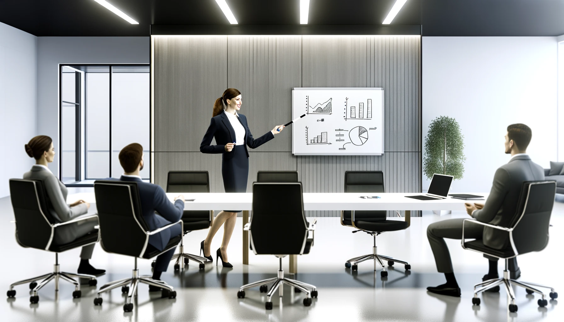 young businesswoman presenting notes on a whiteboard in a modern office