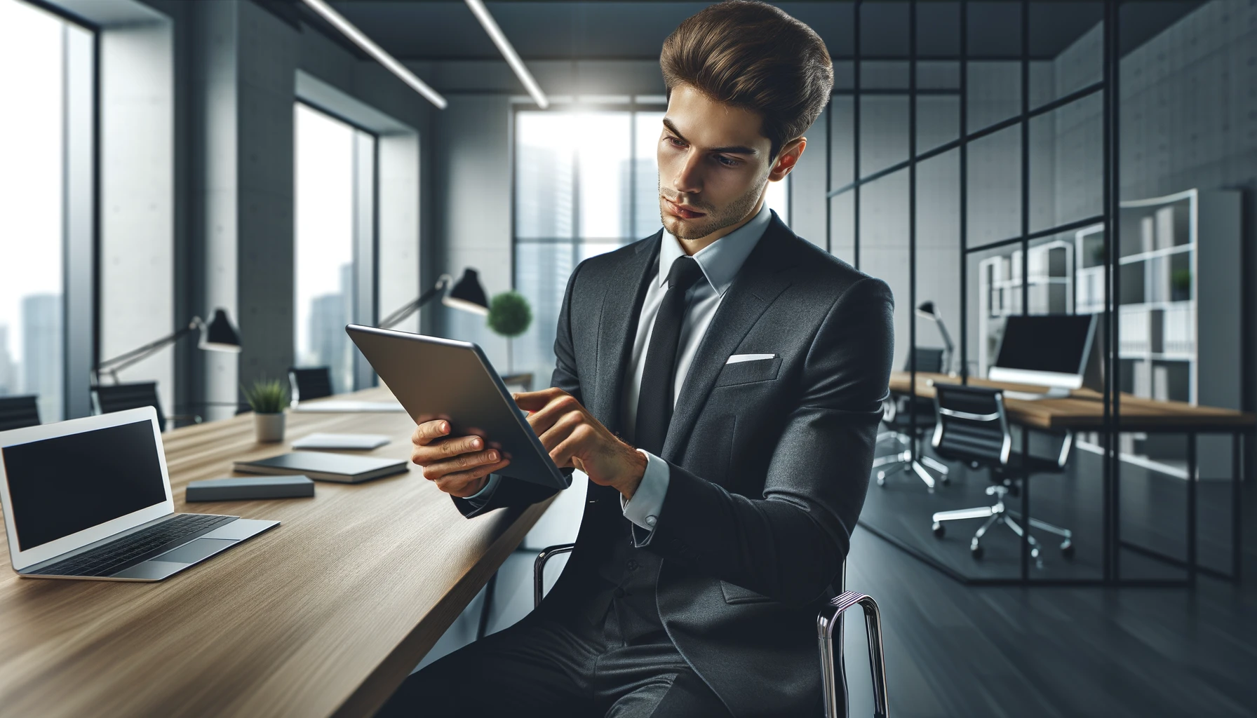 young businessman using a digital tablet at his desk in a modern office