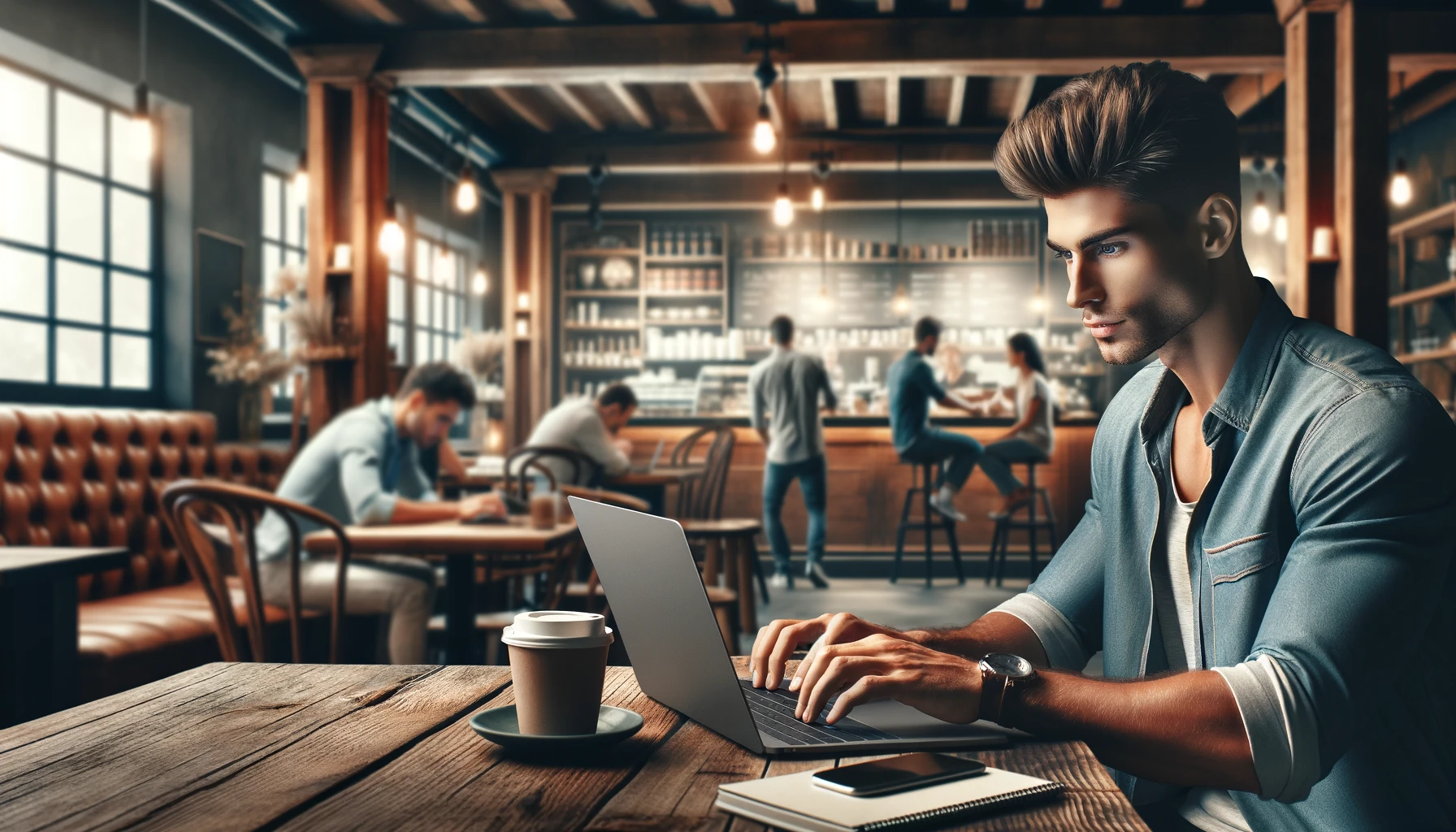 a handsome young man using a laptop in a coffee shop