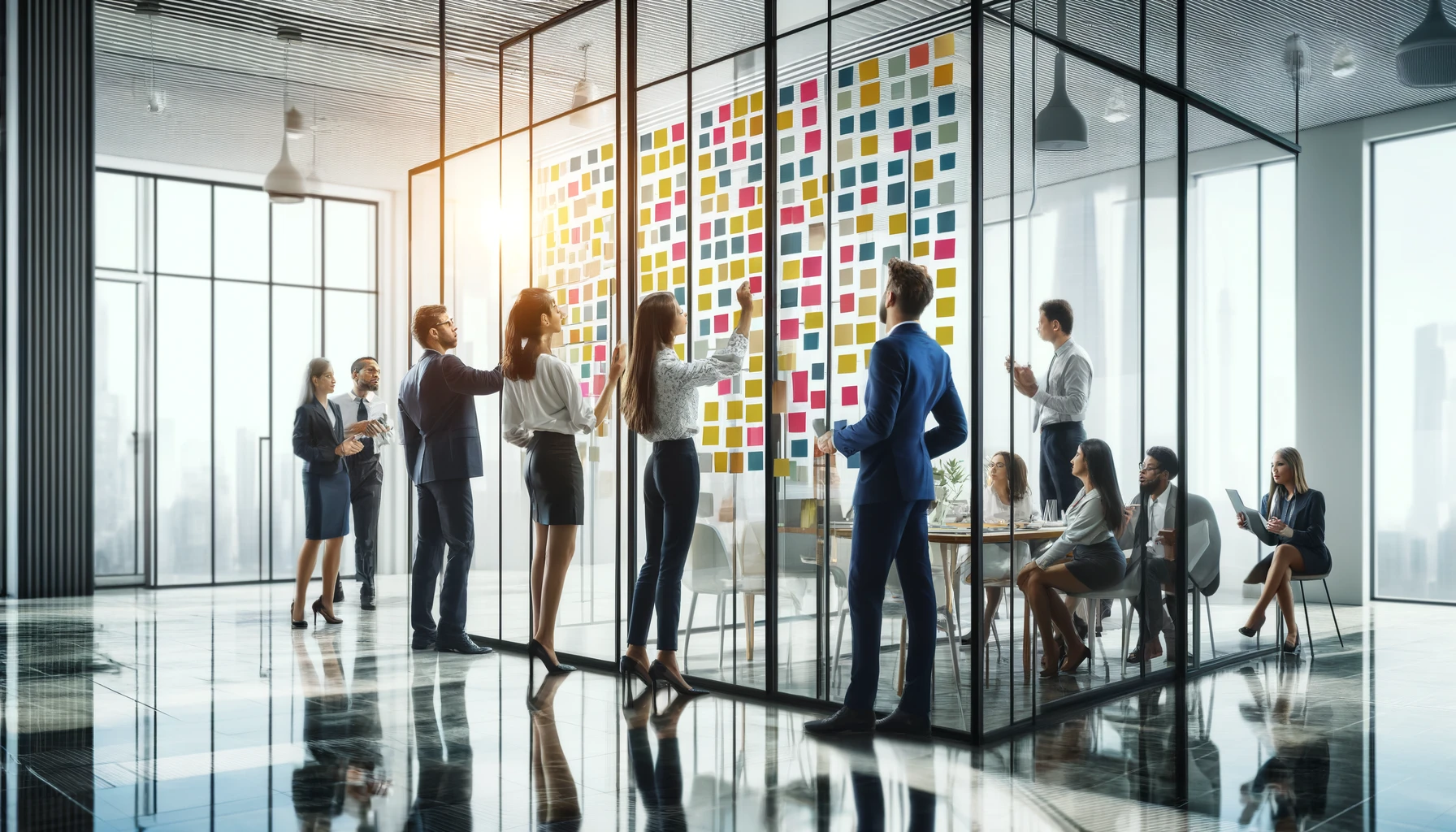 businesspeople arranging sticky notes on a glass wall in a modern office