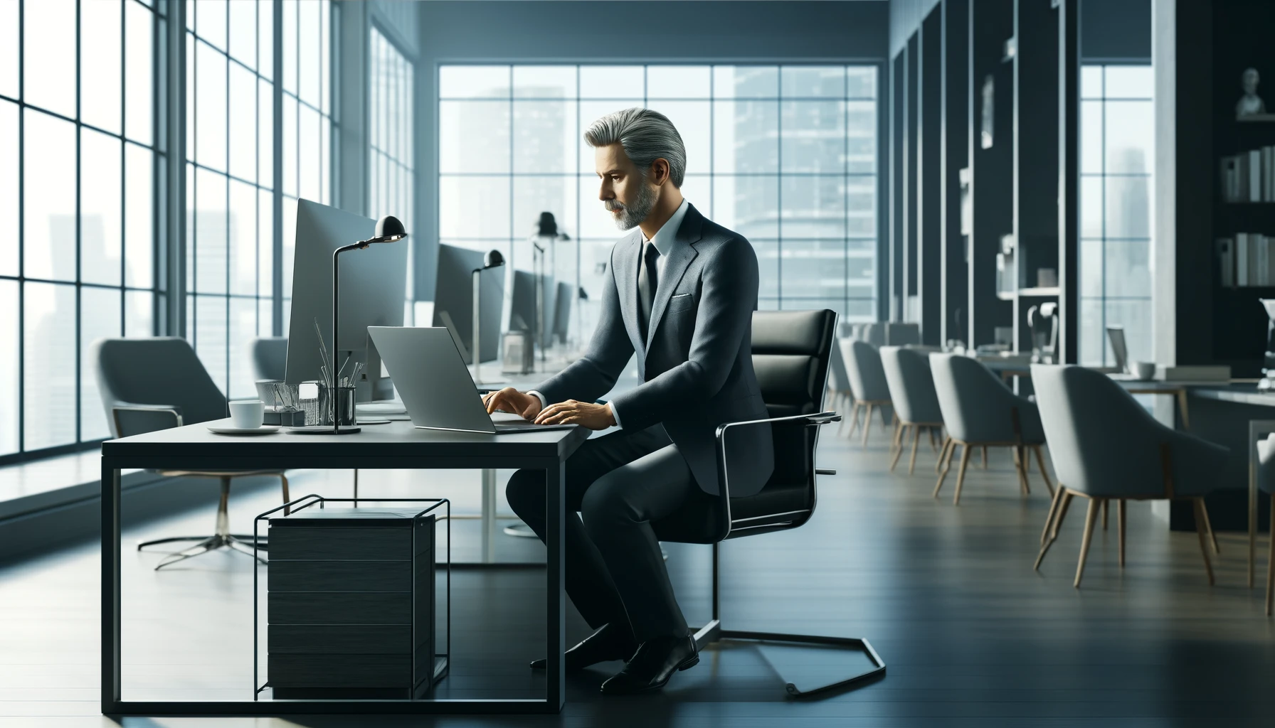 a mature businessman using a laptop in a modern office