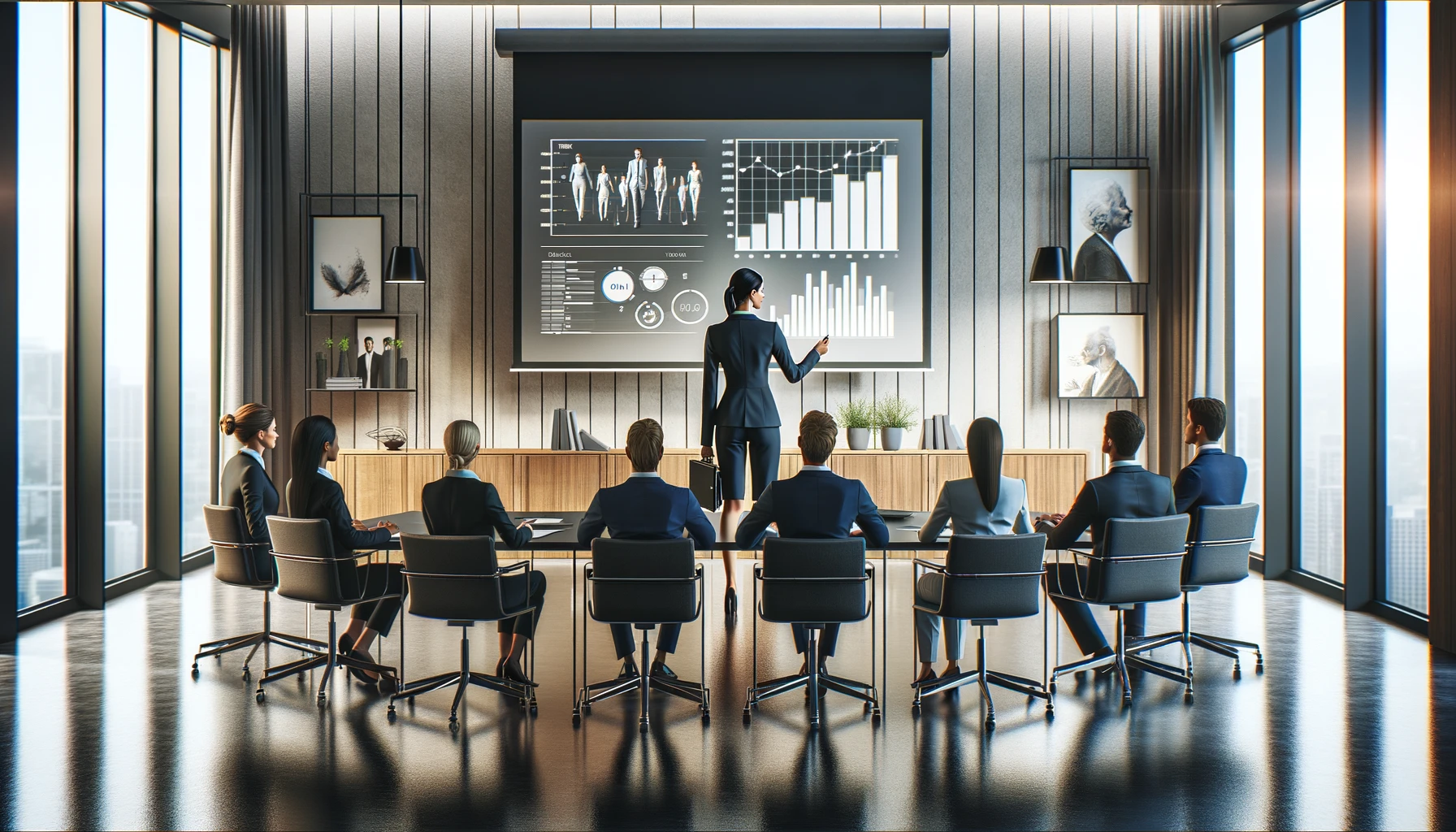 a businesswoman leading a business presentation in a modern office