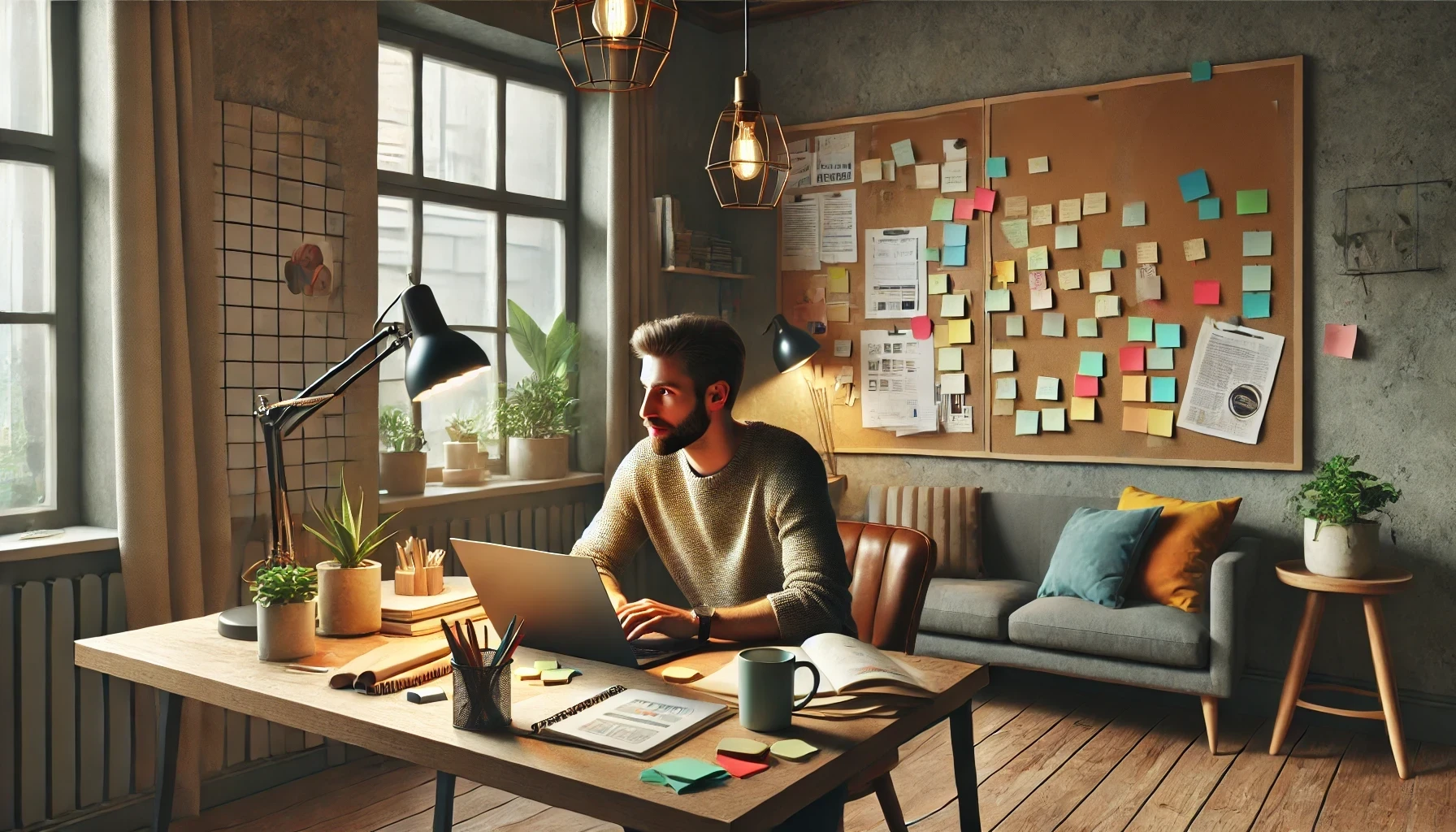 A man is working on content for his blog in a stylish and comfortable workspace.