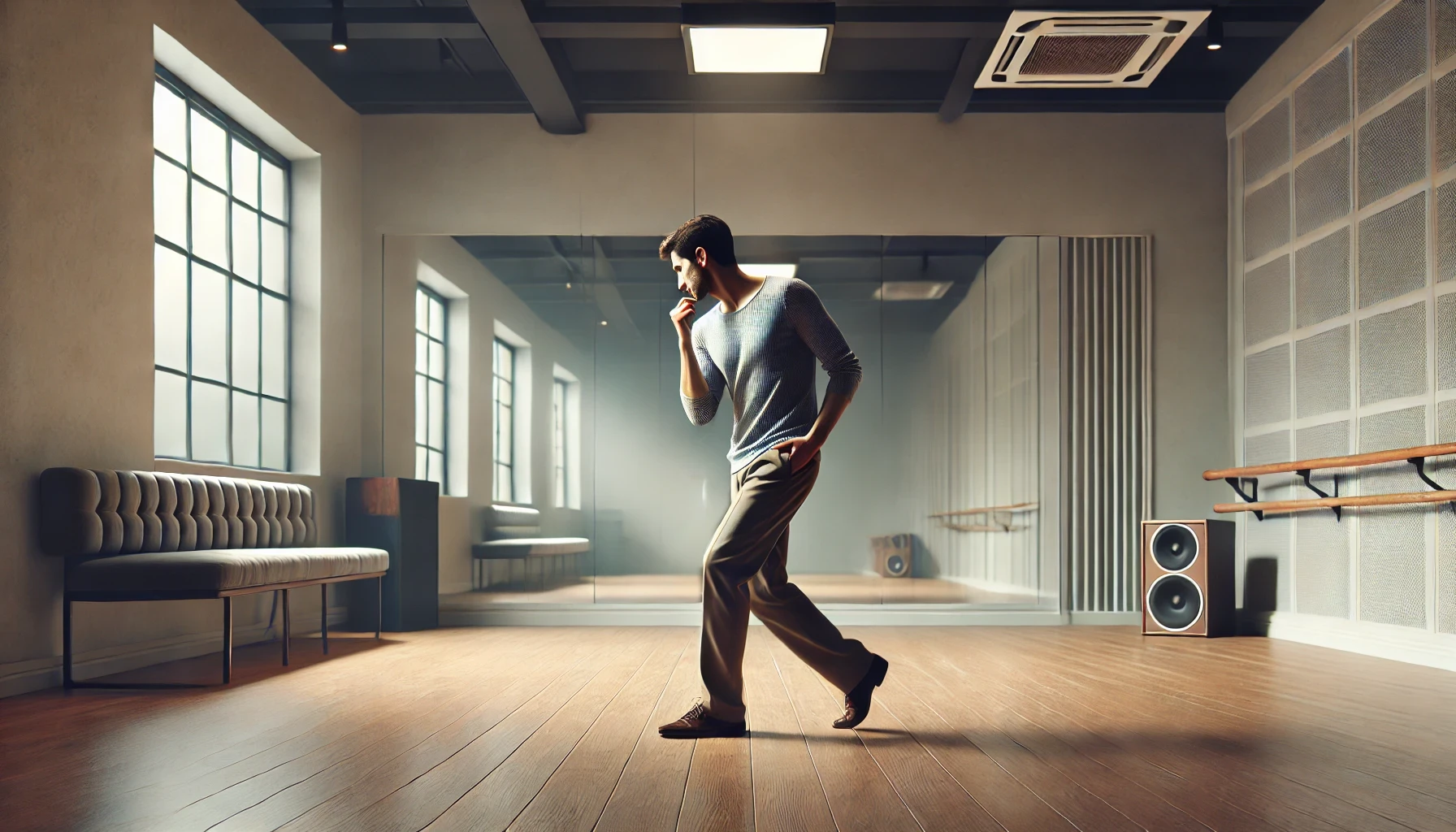 A man is attempting to dance salsa in a light studio environment.