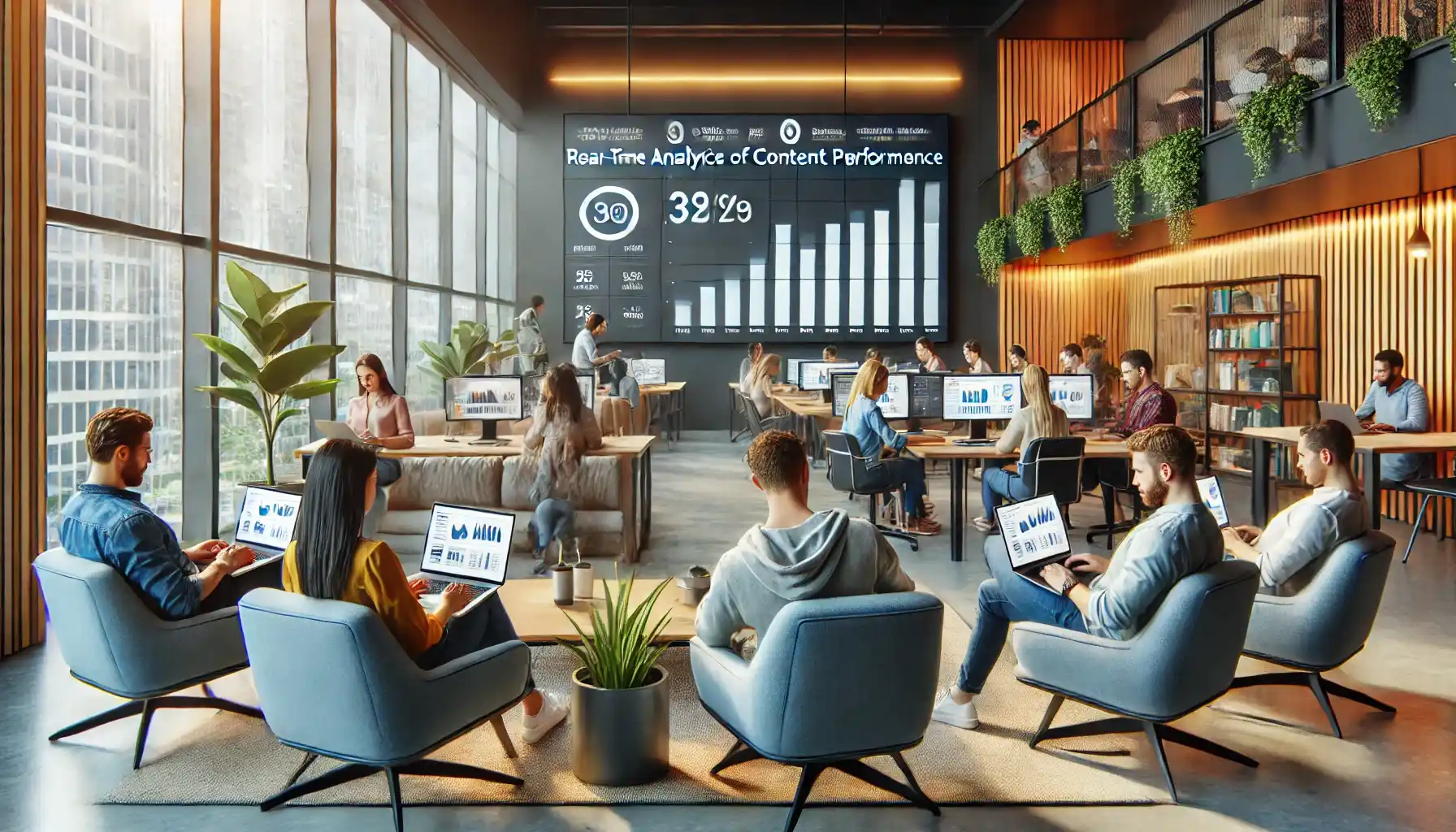 a modern, collaborative office space with a group of diverse professionals using laptops and a large wall-mounted screen showing real-time analytics of content performance.