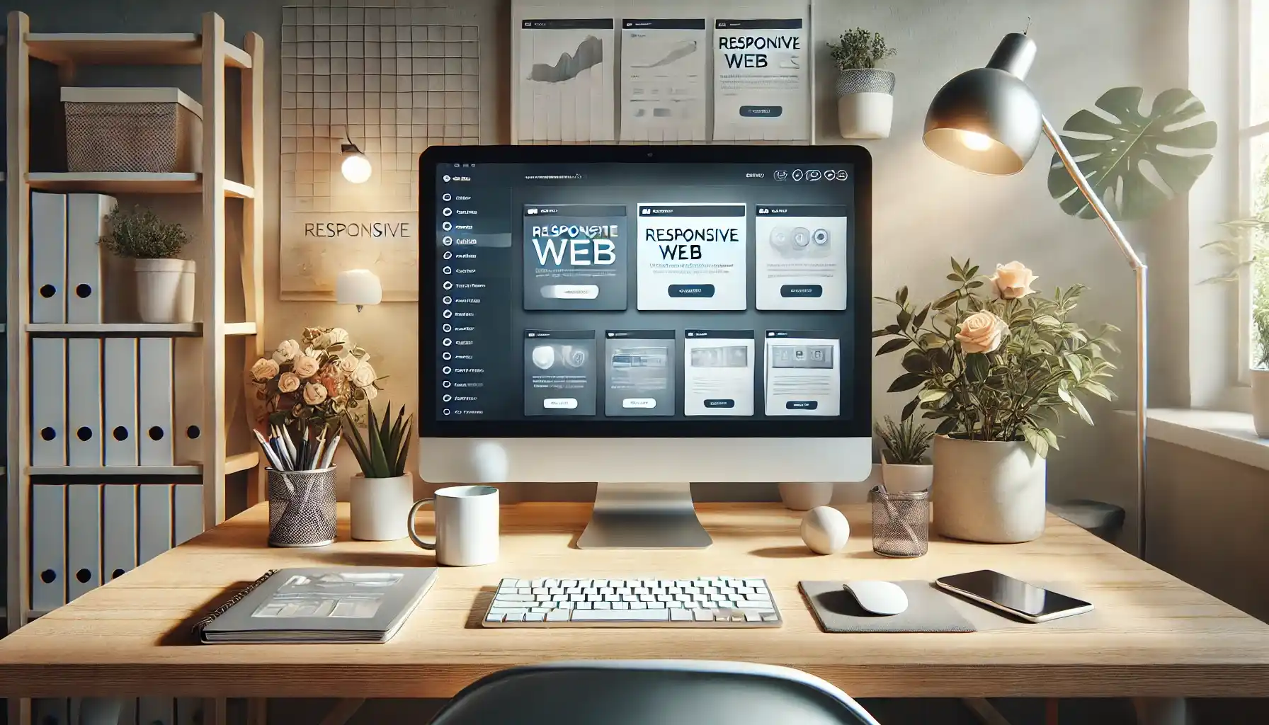 a modern, organized workspace showcasing a desktop computer with a sleek interface of a website management dashboard.