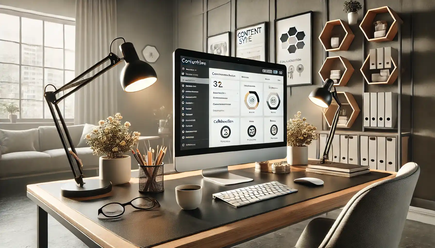 a modern and well-organized workspace showcasing a sleek desktop computer with a content management system dashboard, labeled 'ContentHive,' on the screen.