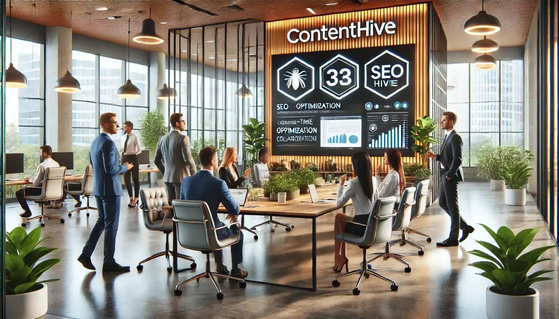 a collaborative office setting with professionals interacting around a large digital screen displaying 'ContentHive' features, such as SEO optimization tools and real-time collaboration.