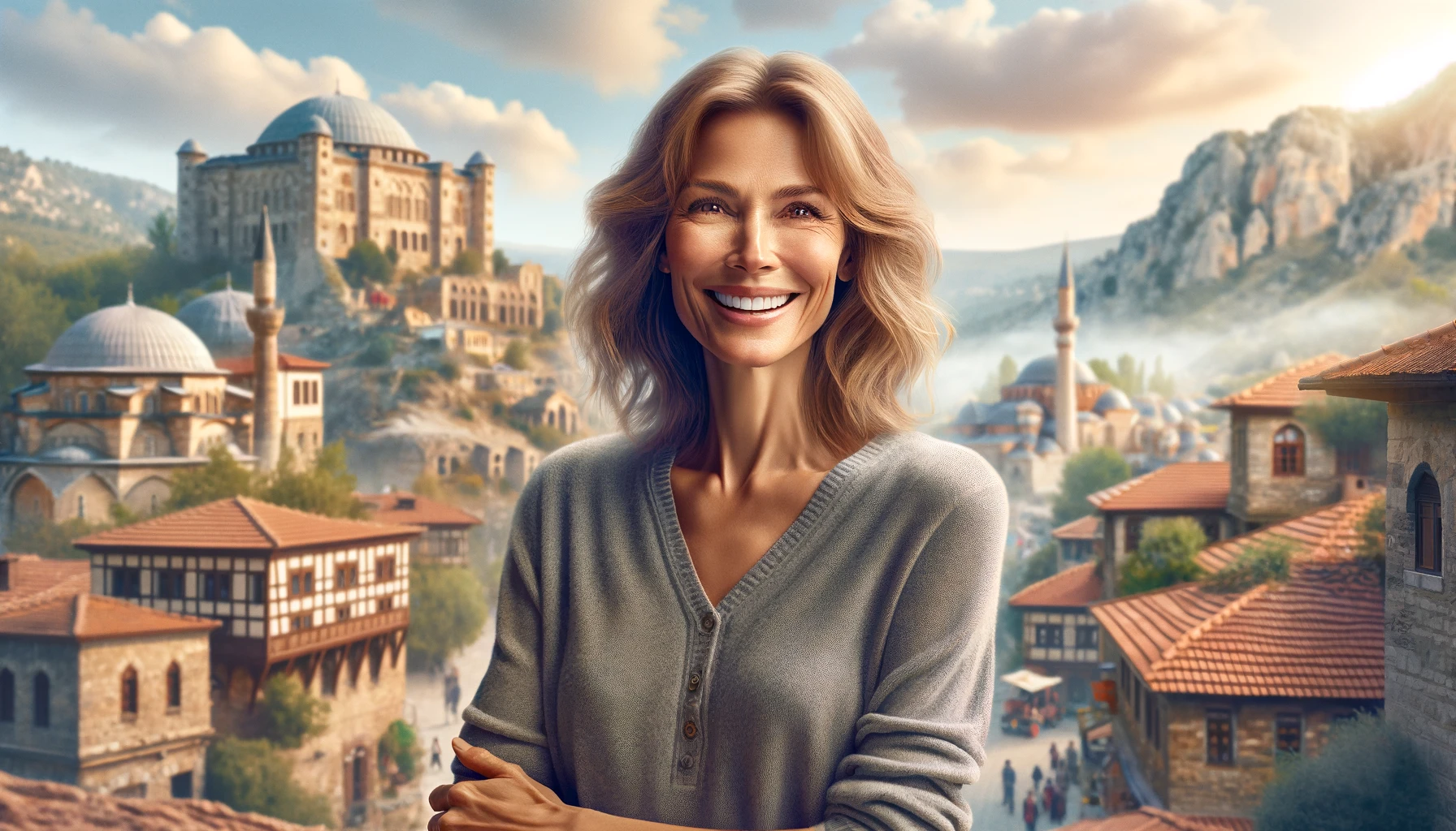 a smiling middle-aged woman standing in a picturesque location in Turkey. The background features Turkish scenery, blending historical architecture with the natural beauty.