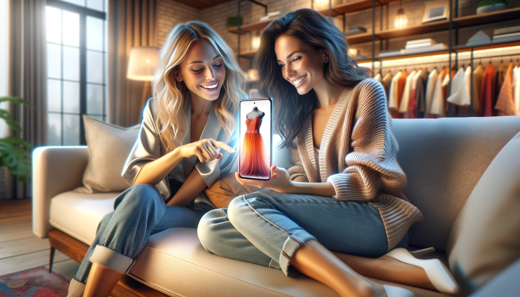 One woman, holding a smartphone, is showcasing a dress displayed on the device's screen to her female friend, who is seated on a sofa, looking intrigued and happy.