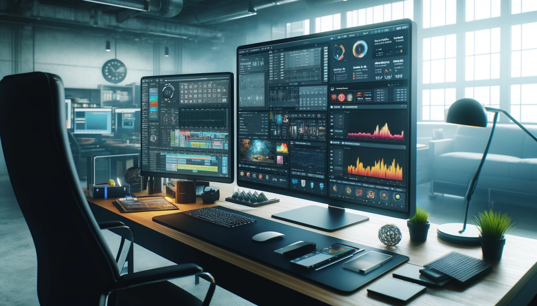 a digital marketing workspace with two monitors on a desk. One monitor displays a complex content management dashboard with a calendar, analytics graphs, and social media metrics. The other screen shows an editing software interface with a video project in progress, including timelines, video clips, and editing tools.