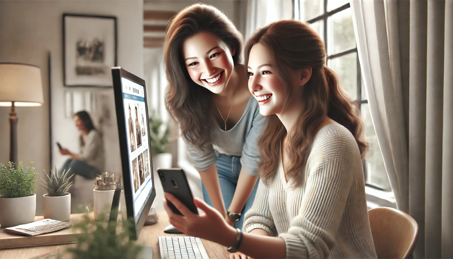 One woman is showing something to the other woman on a computer. The second woman is smiling and looking at her phone in her hands. Both are actively discussing something while inside a cozy, modern room with a few decorative items like plants and framed pictures.