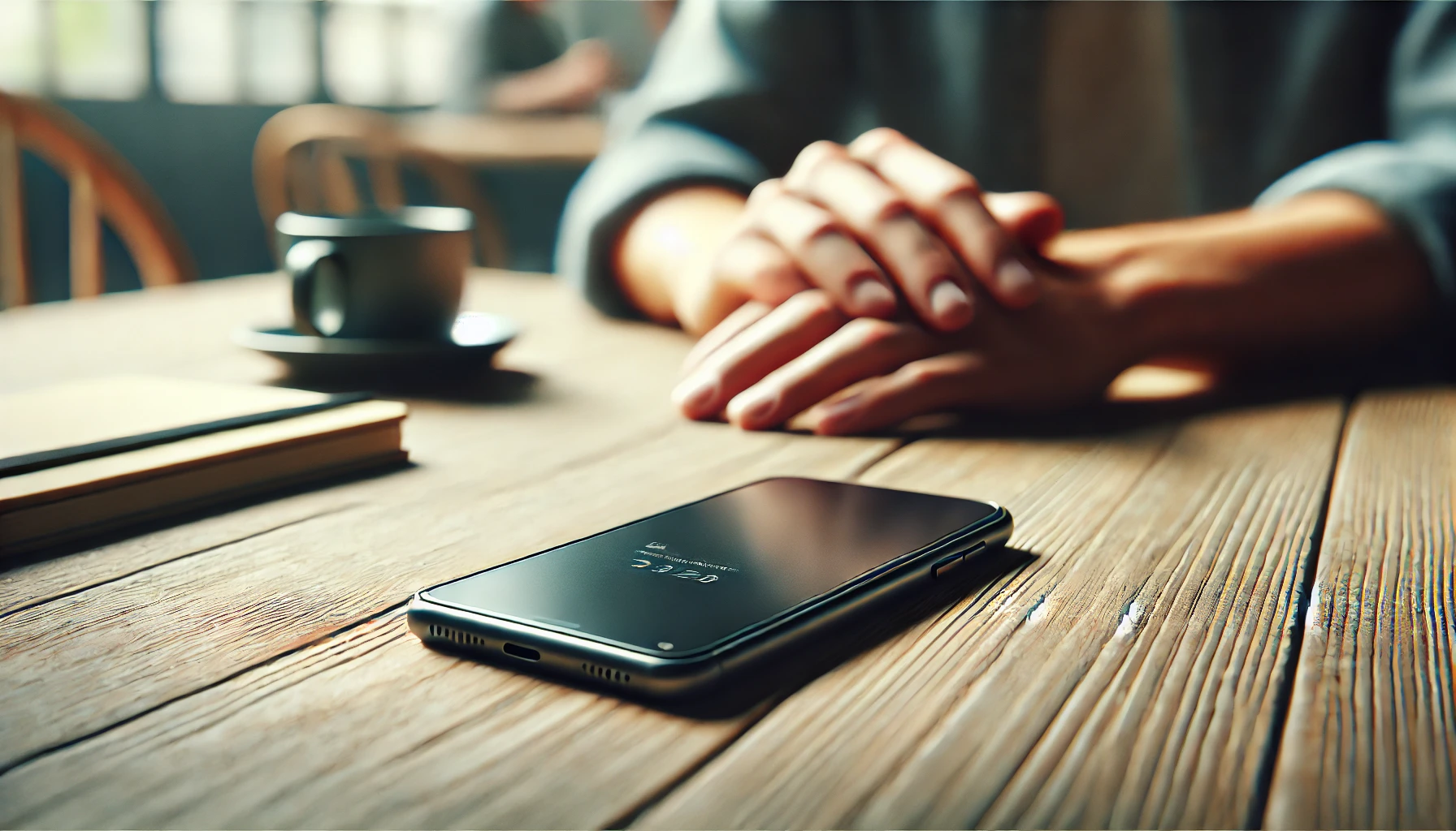 a turned-off mobile phone on a table. The background is slightly blurred, showing human hands nearby, implying a casual setting. The table is wooden, with a few everyday items around like a coffee cup and a notebook.