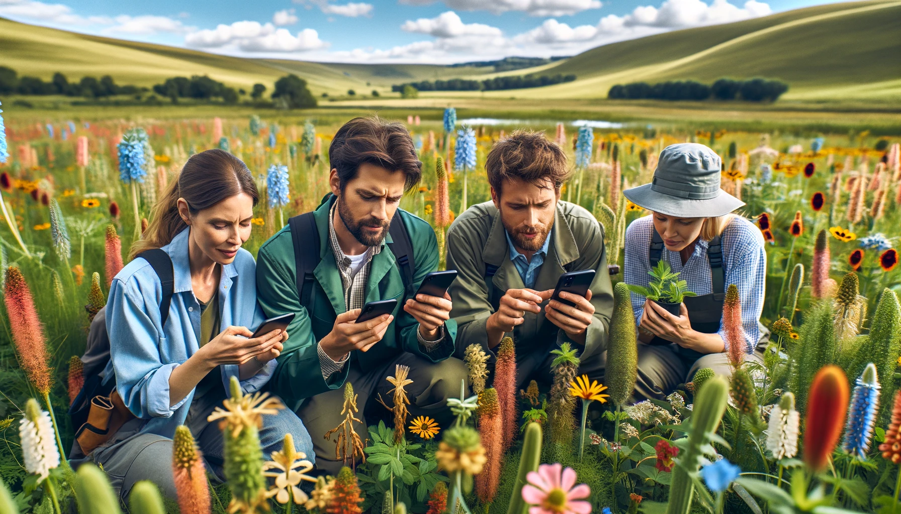 A group of botanists using plant identification apps on their smartphones in a meadow. The scene includes various types of plants and flowers, with the botanists examining different species.