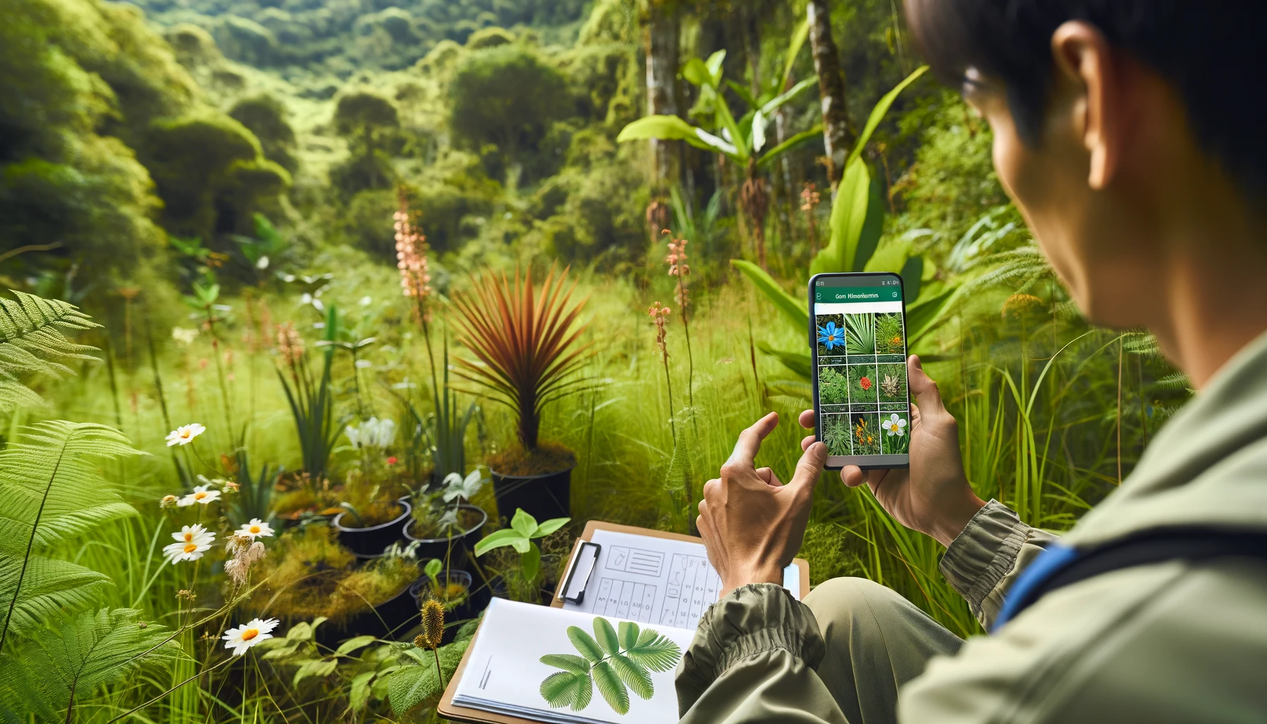 A male botanist in the field using a plant identification app on a smartphone. 