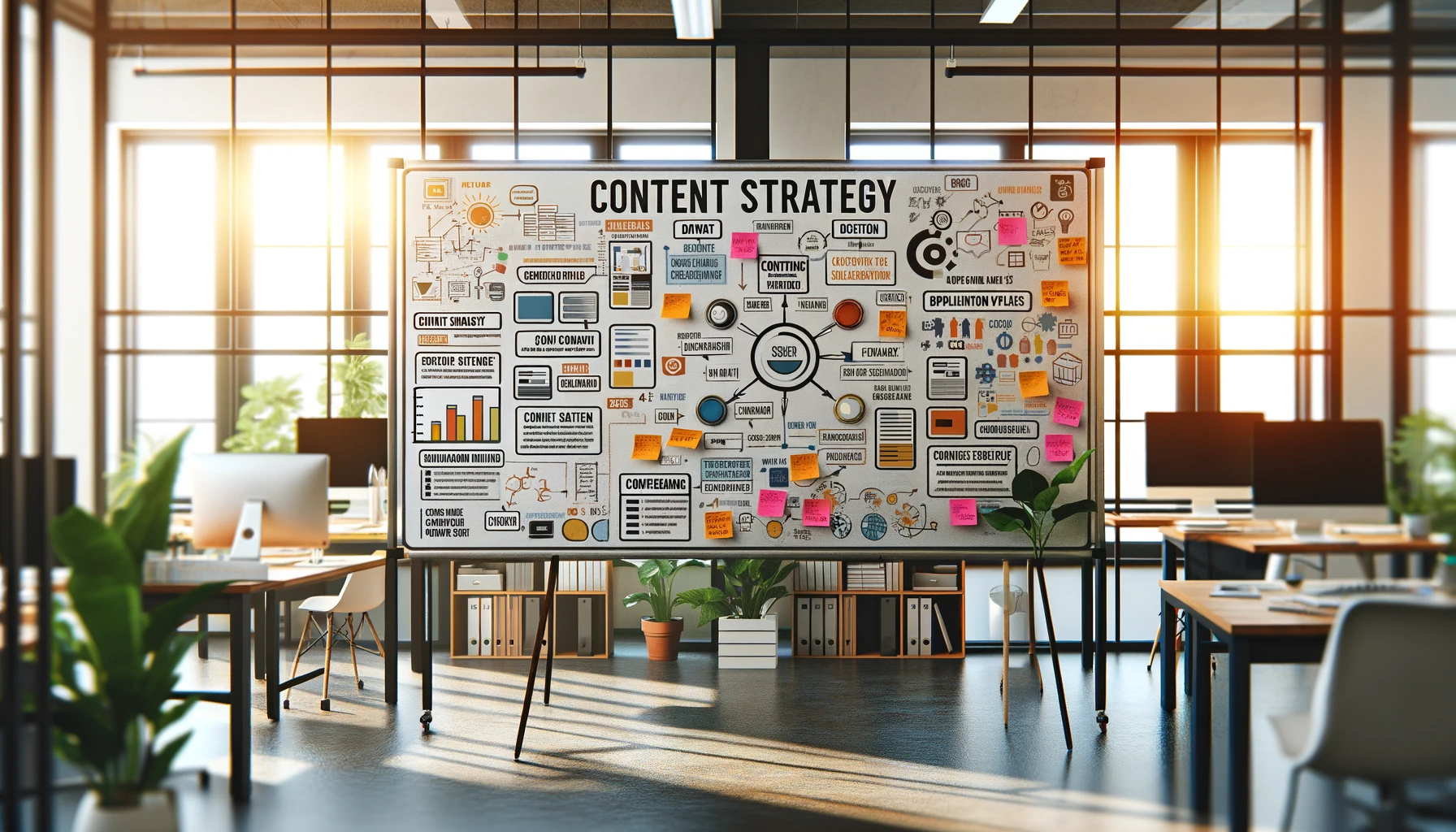 A whiteboard in an office setting, filled with colorful diagrams, post-it notes, and a detailed content strategy plan.