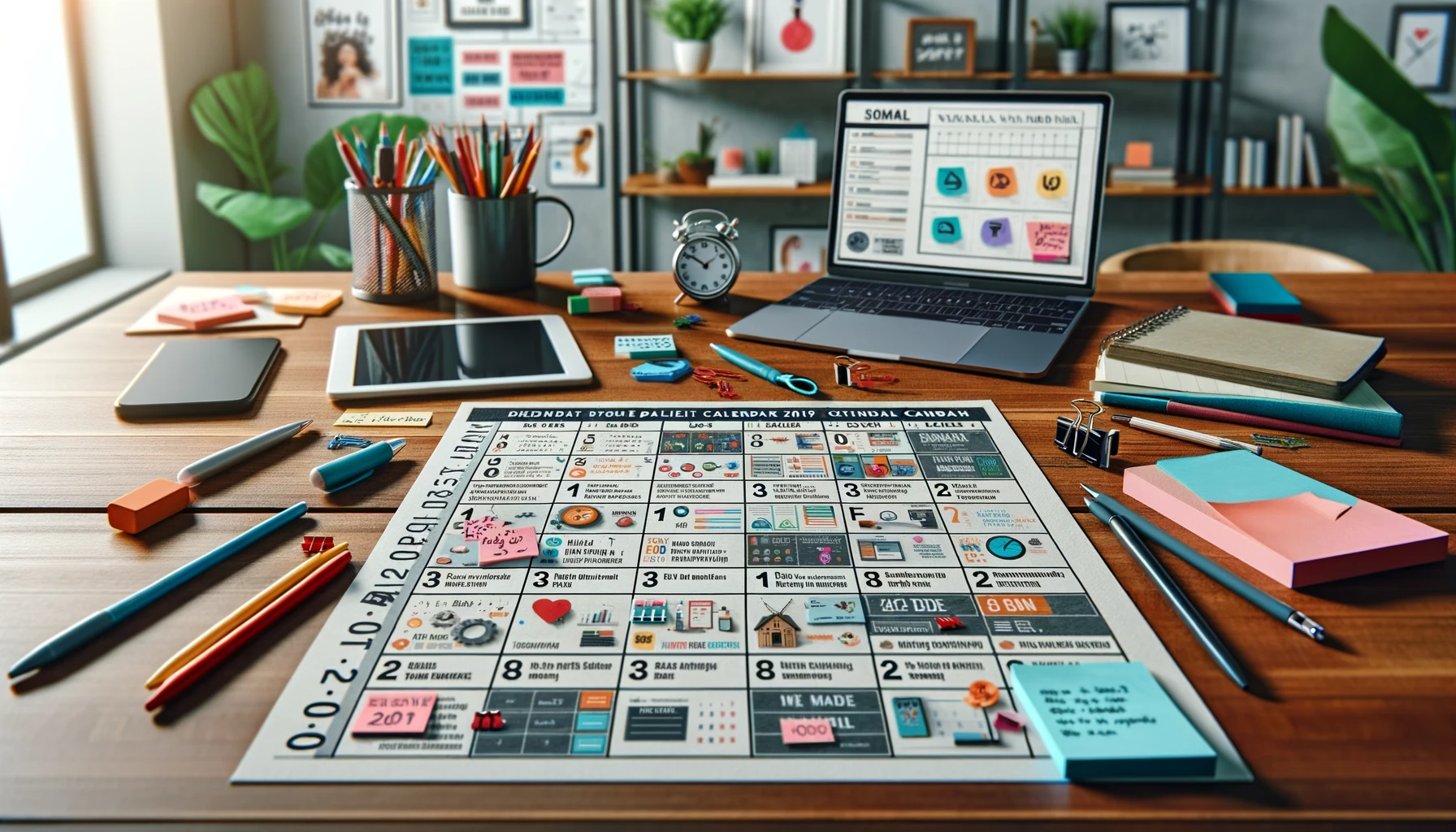 A close-up view of a detailed content calendar on a desk. The calendar shows various types of content scheduled for different dates: blog posts, videos, social media updates. The desk is organized with a laptop, tablet, sticky notes, and colorful pens.