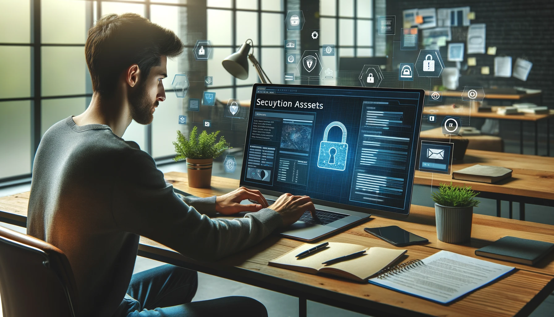 A content creator working on a laptop in a modern office environment, focusing on securing digital assets. 