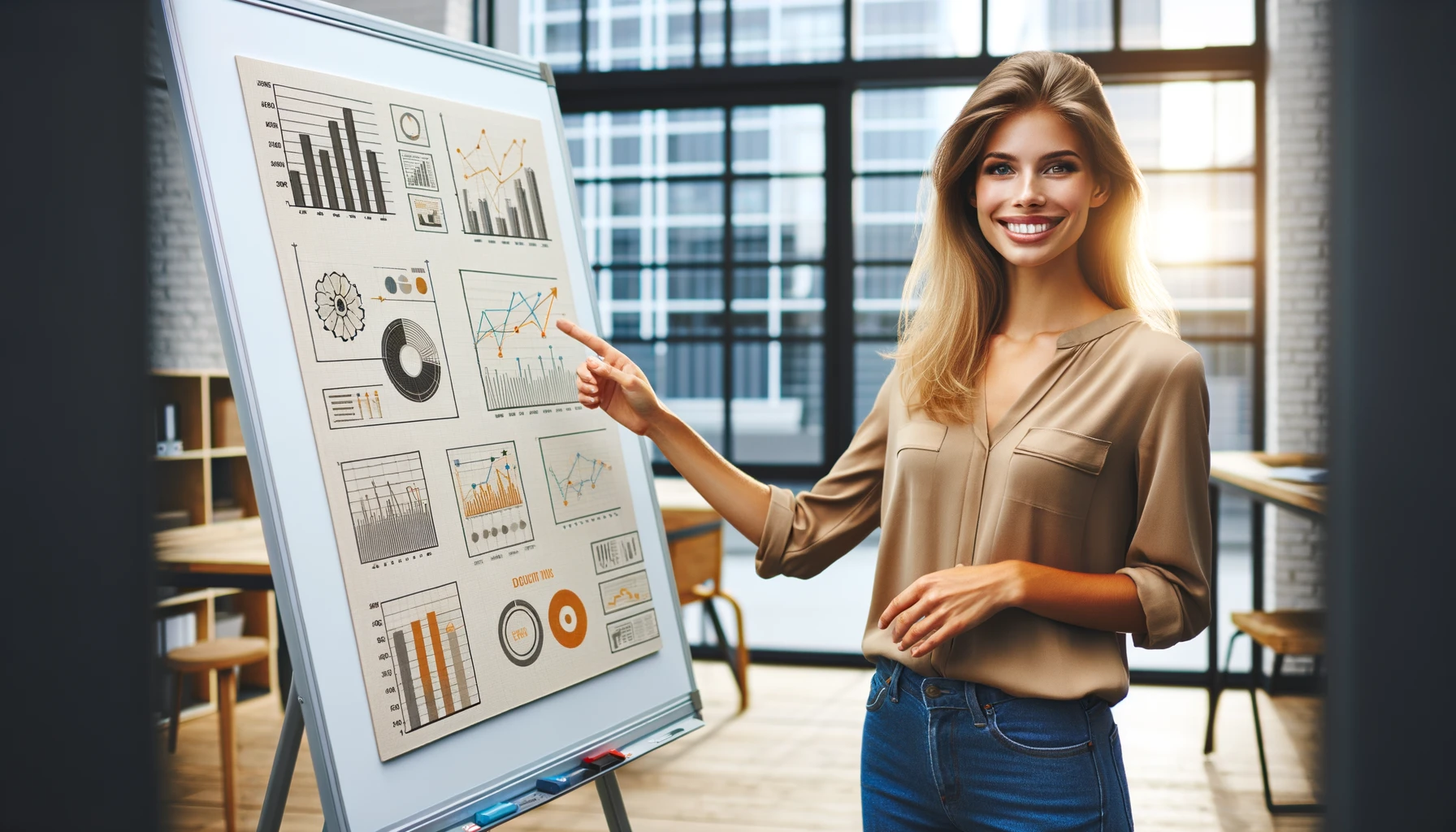 A smiling blonde woman presenting graphics on a whiteboard in a modern office.