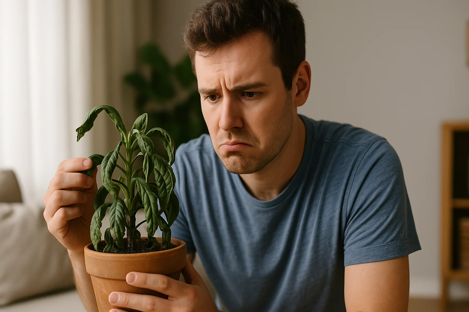 A man closely inspects the plant’s curly leaf looking for ways to solve the problem.
