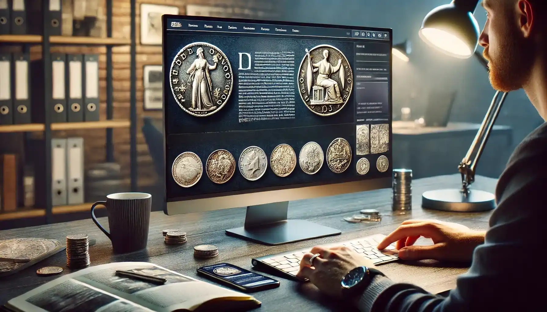 A person is browsing an article with text and high-quality images of rare coins, including detailed photographs and descriptions on a computer screen.