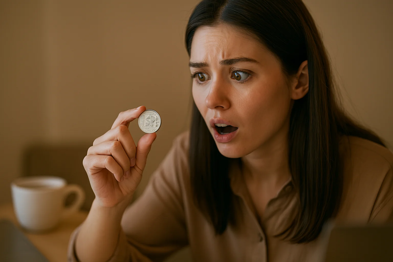 A young woman looks surprised as she pulls a 2024 Hope quarter from her wallet, noticing its unusual design.