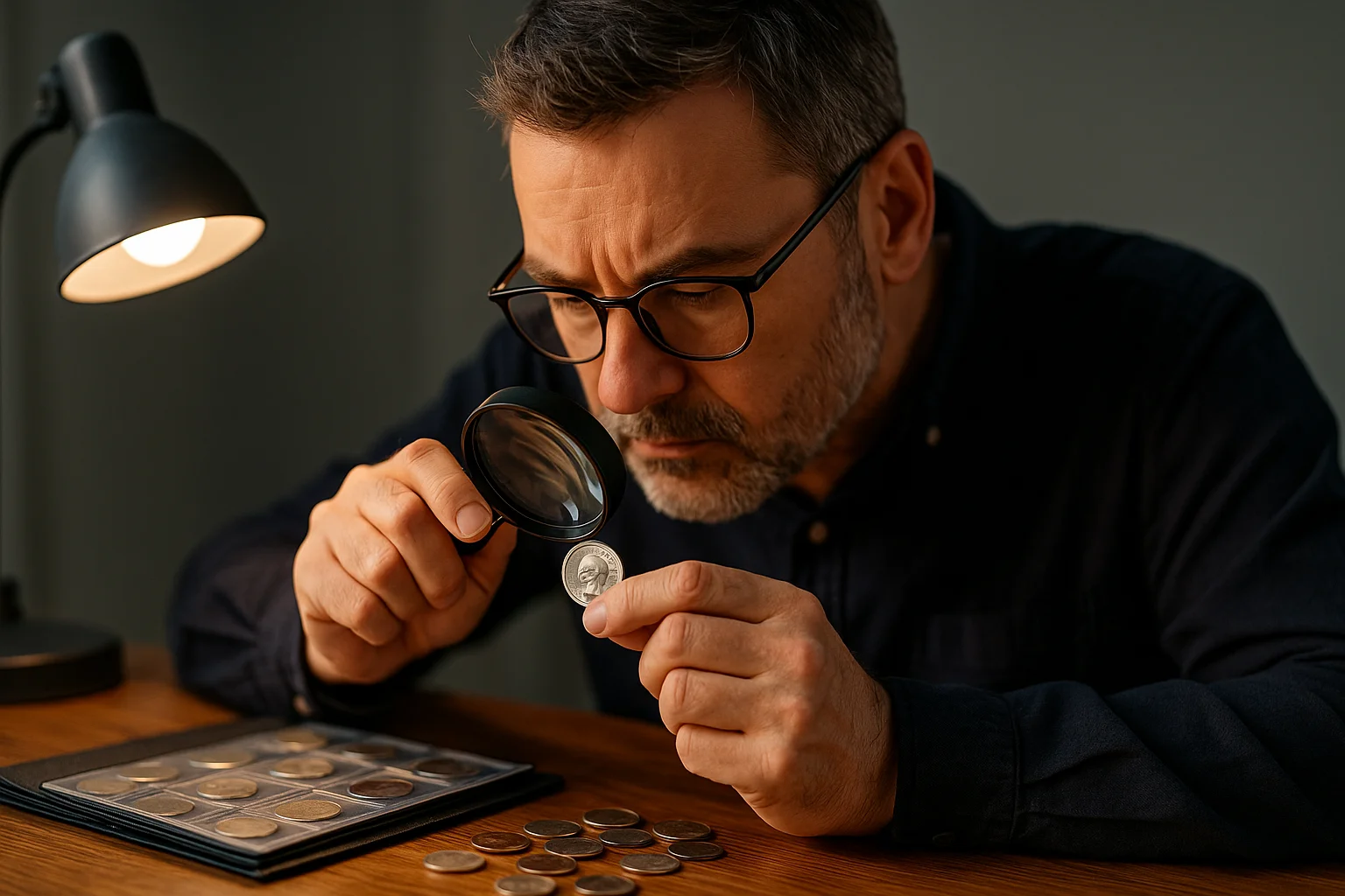 A focused collector studies a 2024 Hope quarter under a magnifying glass, comparing it with other coins in his album.