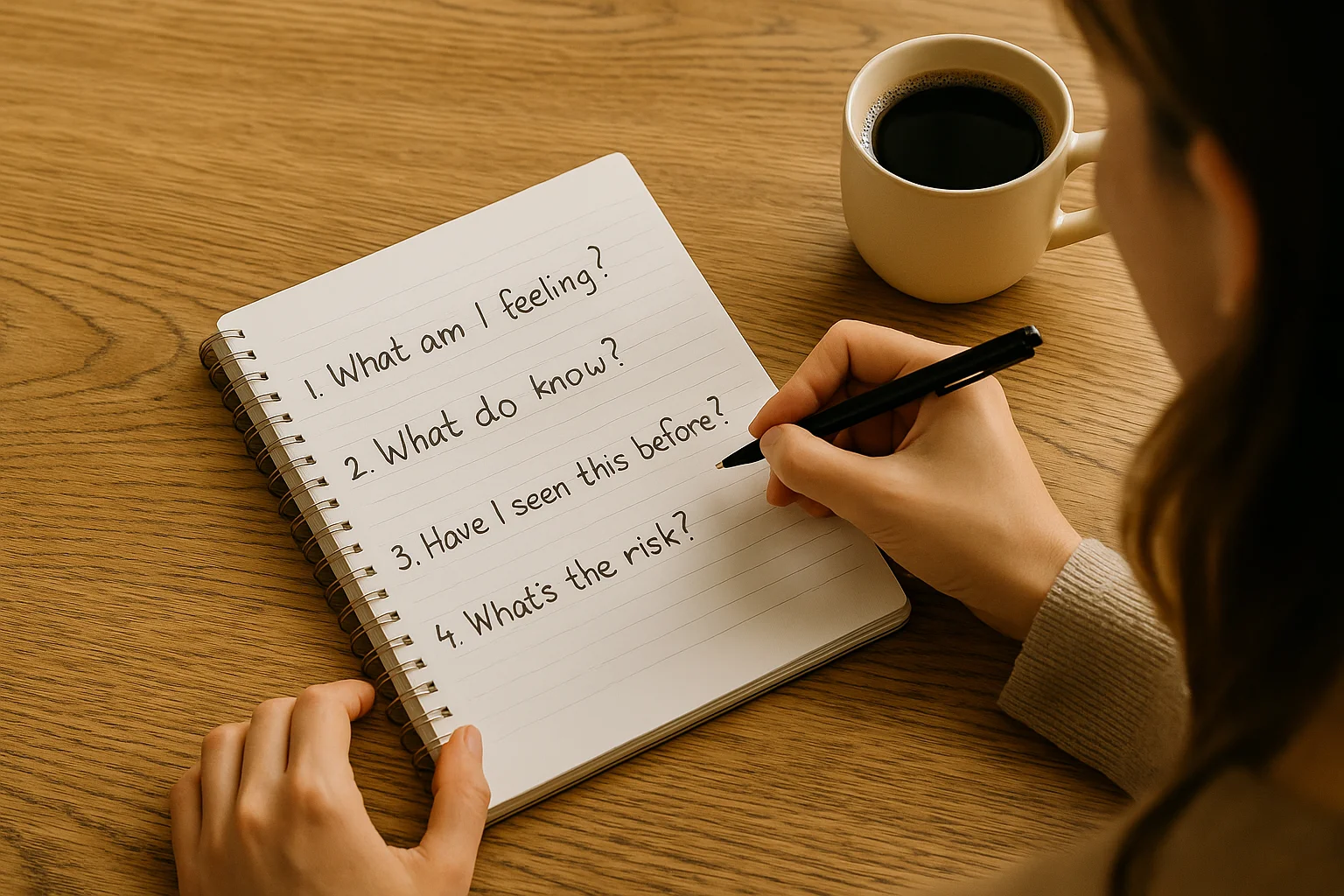 Woman writing a thoughtful checklist with questions on paper to activate System 2 thinking.