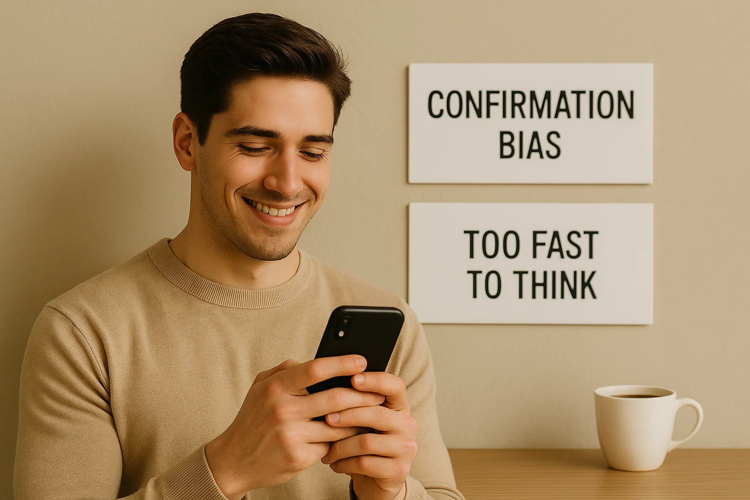Young man smiling at his phone while signs behind him read “Confirmation Bias” and “Too Fast to Think” — a reminder of how quickly System 1 can take over.
