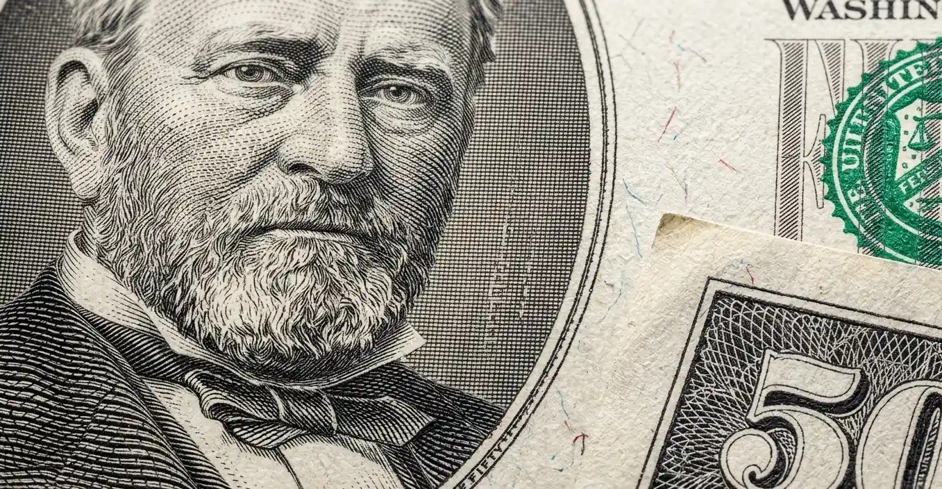 Macro shot of 50 dollar bill security features