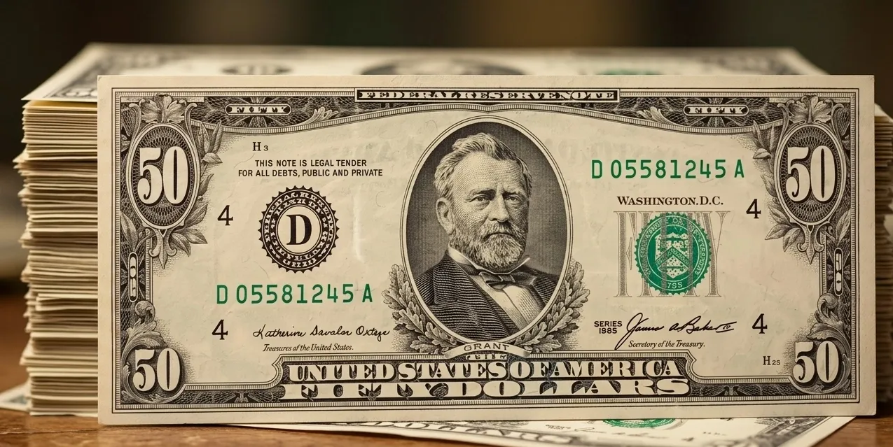 Stack of 50 dollar bills with top note in focus